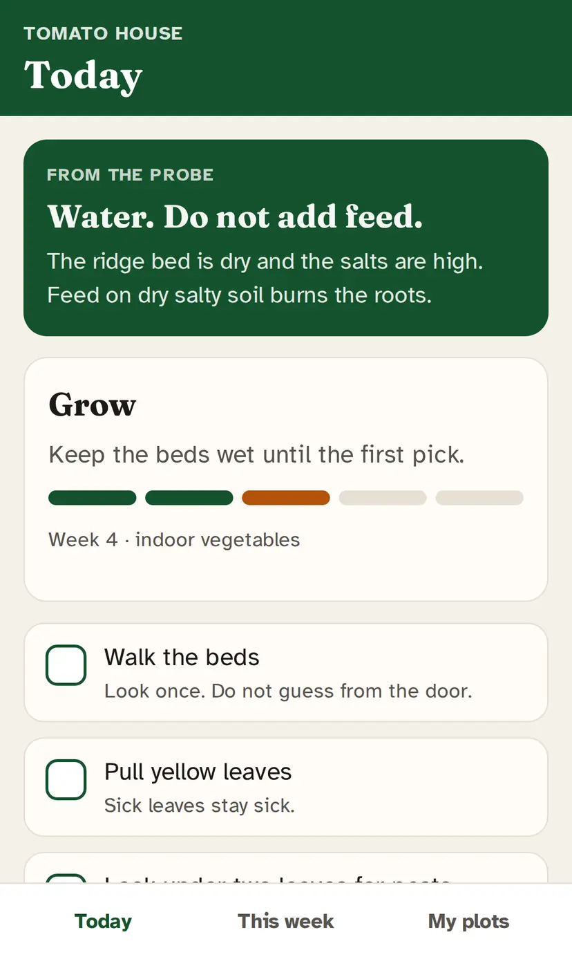 iPhone Field app Today. Water. Do not add feed. Tomato house, Grow, week 4. Tap list. Simulated farm.
